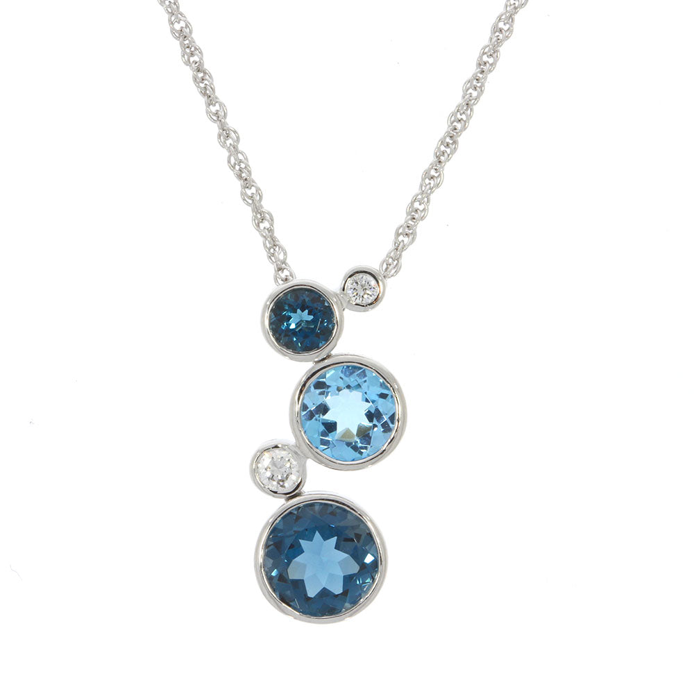 14K White Gold Bezel Set Blue Topaz and Diamond Pendant, with 14K White Gold Wheat Chain