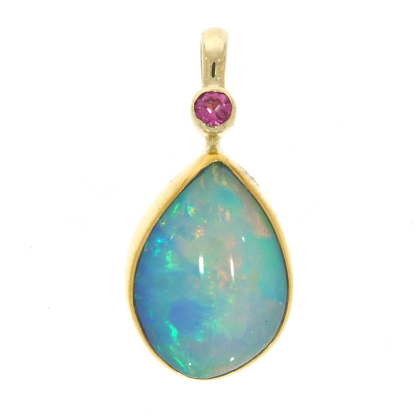 22K Yellow Gold Teardrop Ethiopian Opal Pendant with Round Pink Tourmaline Accented 14K Yellow Gold Tapered Bail