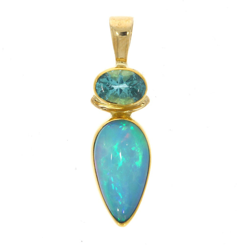 22K Yellow Gold Bezel Set Inverted Teardrop Ethiopian Opal and Oval Apatite Pendant with 14K Yellow Gold Tapered Bail