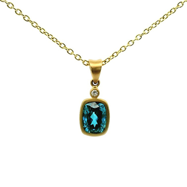 14K Yellow Gold Bezel Set Rectangular Cushion Cut Blue Zircon Pendant, with Bezel Set Diamond Accent