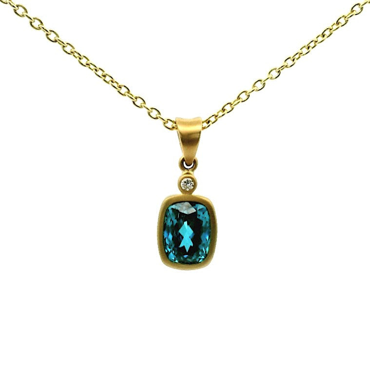 14K Yellow Gold Bezel Set Rectangular Cushion Cut Blue Zircon Pendant, with Bezel Set Diamond Accent