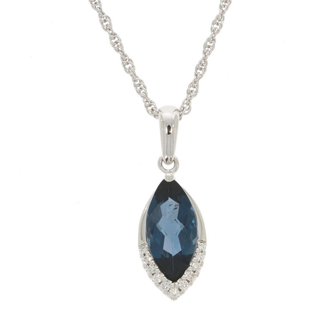 14K White Gold and Marquise Blue Topaz Pendant with Prong Set Diamond Accents, with a 14K White Gold 18