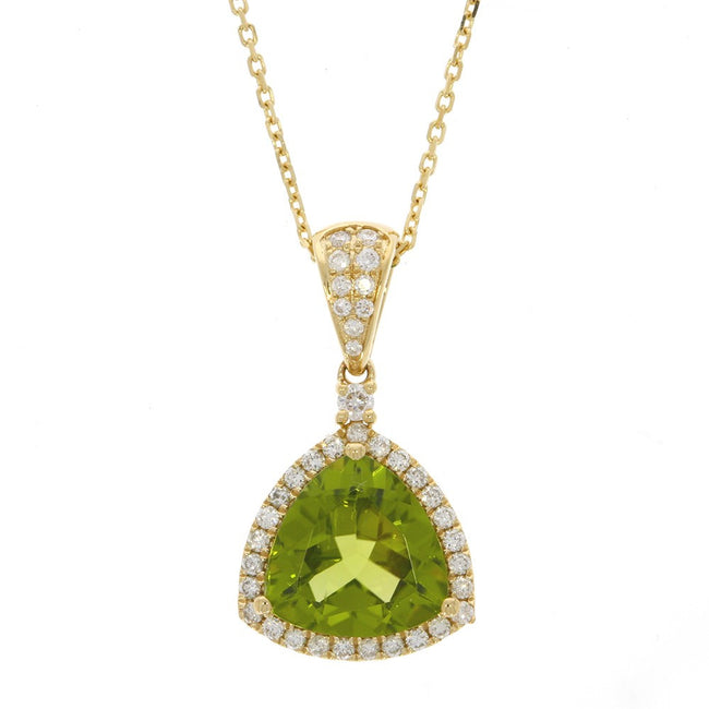 14K Yellow Gold and Triangle Peridot Pendant with Prong Set Round Diamond Accents