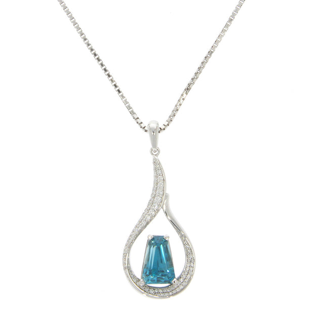 18K White Gold Teardrop Shape Pendant with Diamond Accents and Trapezoid Shape Blue Zircon