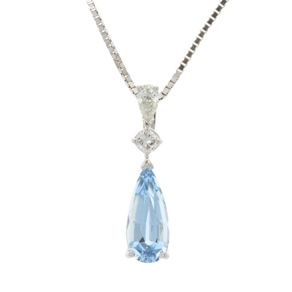 14K White Gold And Diamond And Elongated Pear Shape Aquamarine Pendant