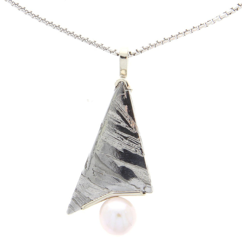 14K White Gold And Triangle Meteorite And Button Pearl Pendant