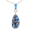 14K White Gold And Kazakhstan Turquoise Teardrop And Mother of Pearl Faceted Cabachon And Faceted Trapezoid Blue Topaz Pendant In Center
