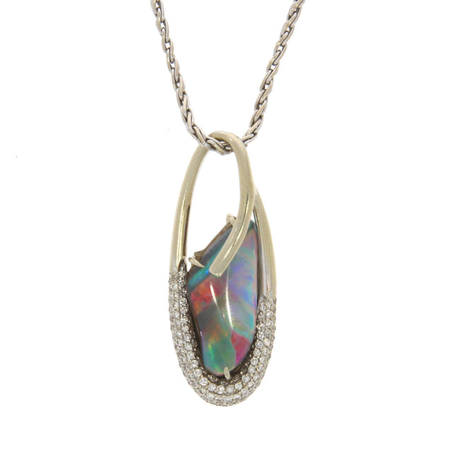 14K White Gold Australian Boulder Opal and Diamond Pendant