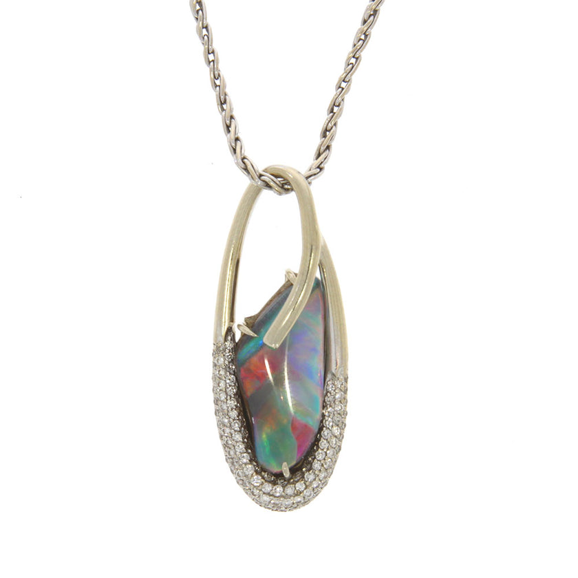 14K White Gold Australian Boulder Opal and Diamond Pendant