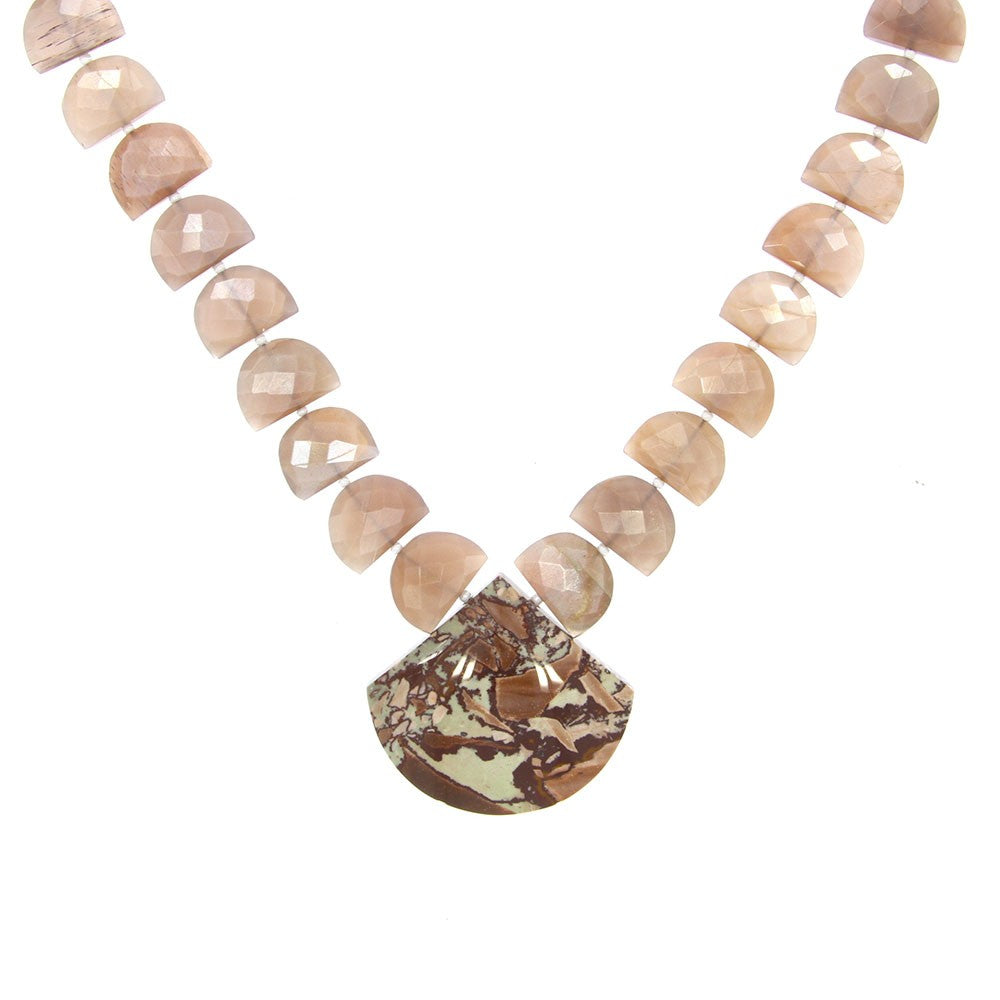 Mocha Moonstone Half Moon Shape Faceted Beads With Dead Camel Jasper Fan Center Piece