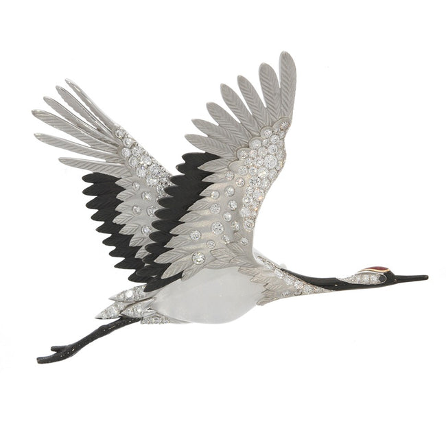 18K White Gold Black Diamond, Diamond and Jade Goose Brooch, with Black Enamel Accented Feathers