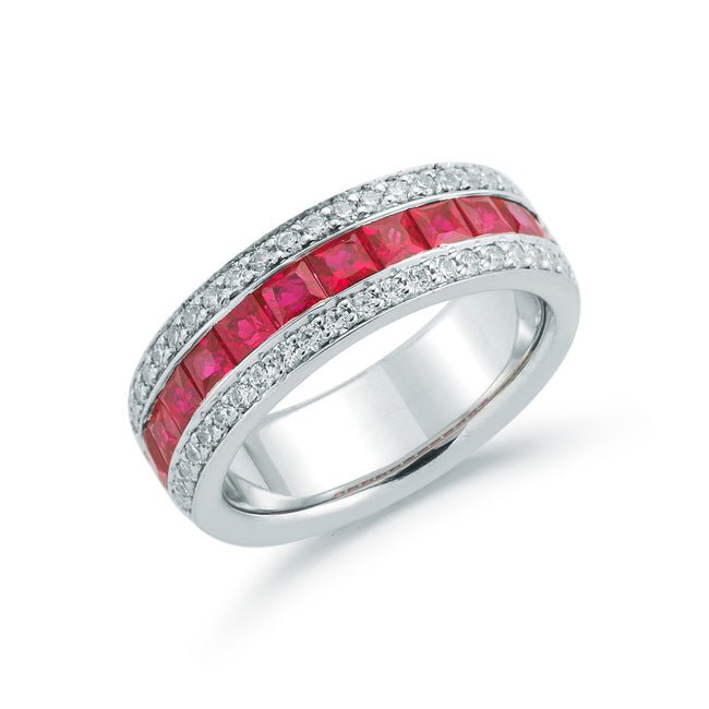 18K White Gold and Ruby Ring with Diamond Accents