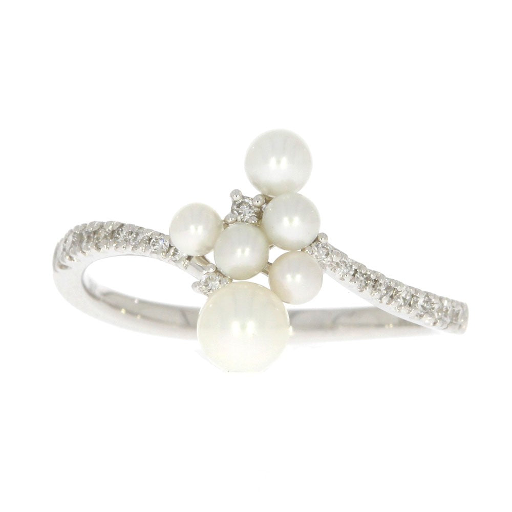 14K White Gold Freshwater Pearl and Prong Set Diamond Bypass Style Ring