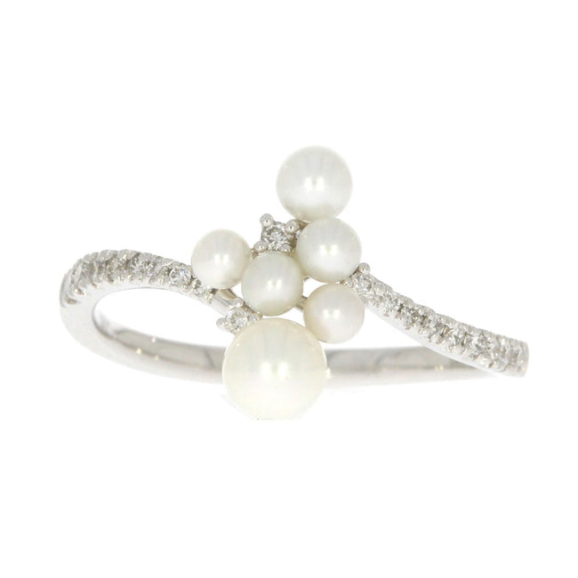 14K White Gold Freshwater Pearl and Prong Set Diamond Bypass Style Ring