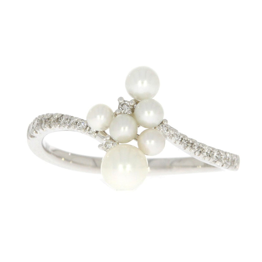 14K White Gold Freshwater Pearl and Prong Set Diamond Bypass Style Ring