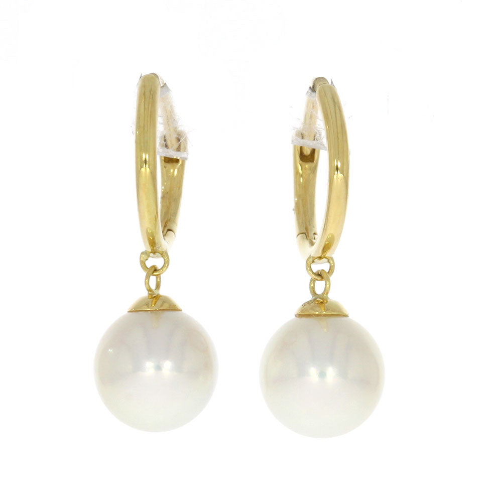 18K Yellow Gold Huggie Style Earrings, with Akoya Pearl Dangles