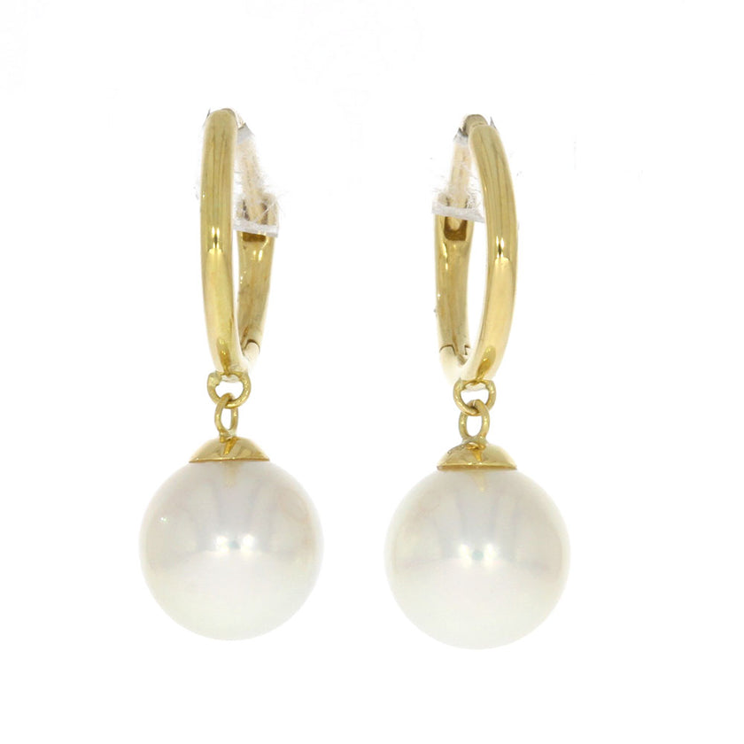 18K Yellow Gold Huggie Style Earrings, with Akoya Pearl Dangles