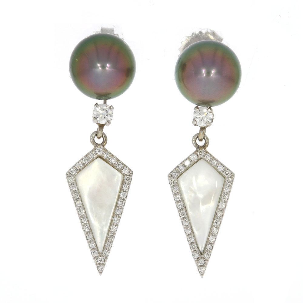 18K White Gold Tahitian Pearl Earrings, with Diamond and Mother of Pearl Dangles
