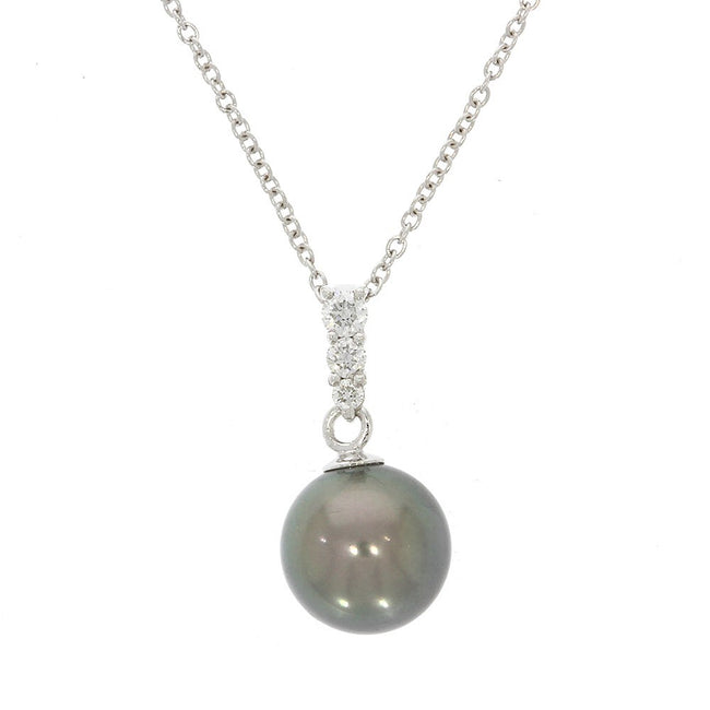14K White Gold Tahitian Pearl and Diamond Pendant, with 14K White Gold Cable Chain