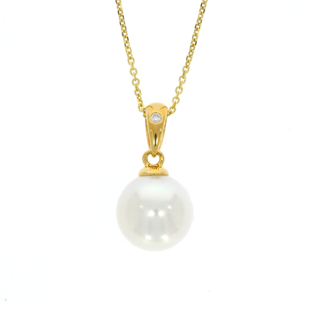 14K Yellow Gold Akoya Pearl Pendant, with Flush Set Diamond Accented Tapered Bail, and 16-18