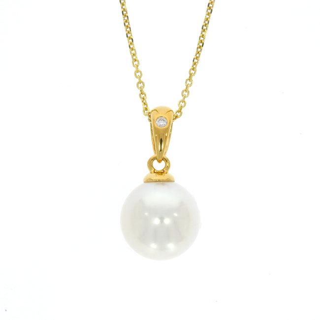 14K Yellow Gold Akoya Pearl Pendant, with Flush Set Diamond Accented Tapered Bail, and 16-18