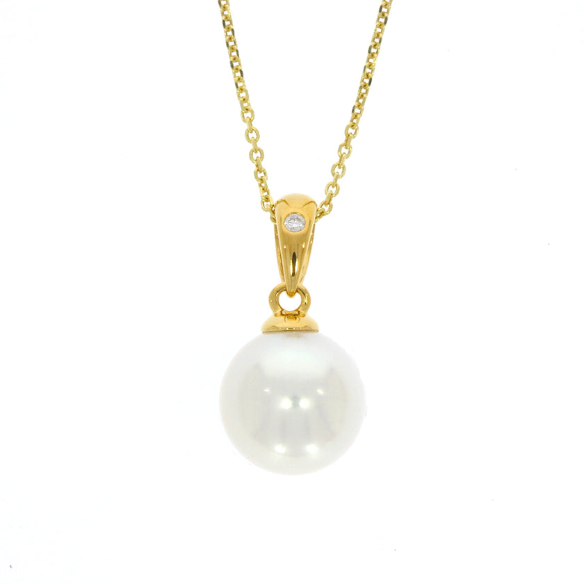 14K Yellow Gold Akoya Pearl Pendant, with Flush Set Diamond Accented Tapered Bail, and 16-18