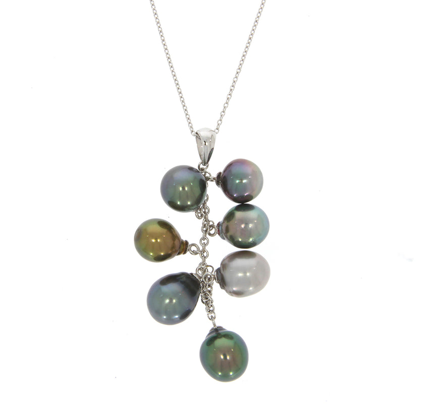 14K White Gold and Tahitian Pearl Dangle Pendant, on a 14K White Gold Cable Chain