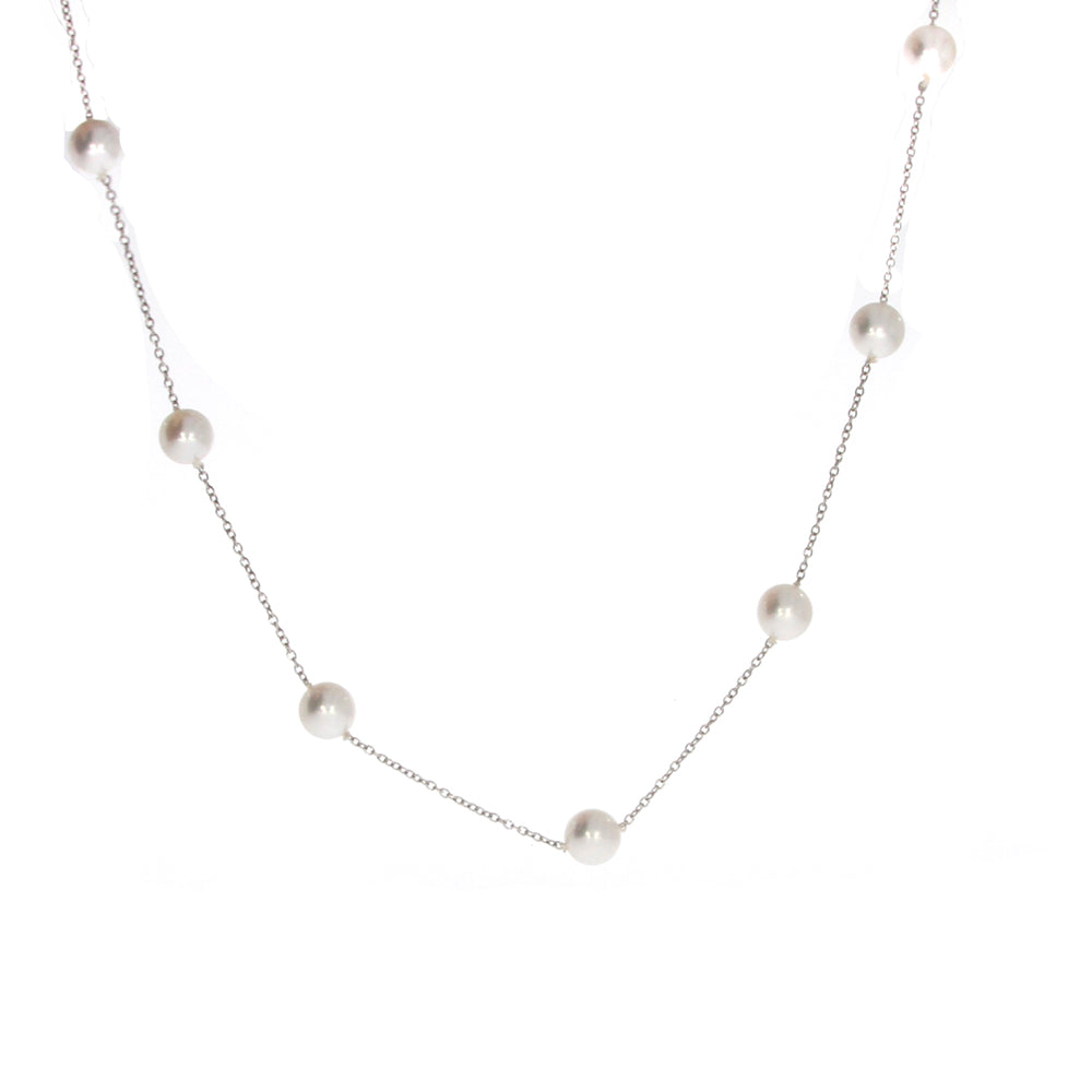 14K White Gold Cable Chain and Akoya Pearl Station Necklace