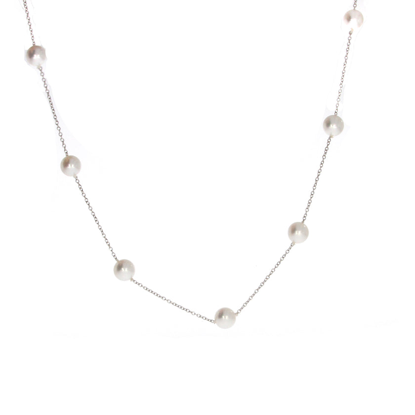 14K White Gold Cable Chain and Akoya Pearl Station Necklace