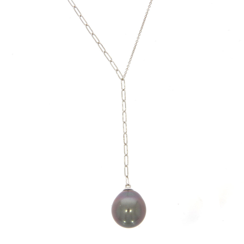18K White Gold Paperclip and Cable Chain Necklace, with Tahitian Pearl Dangle