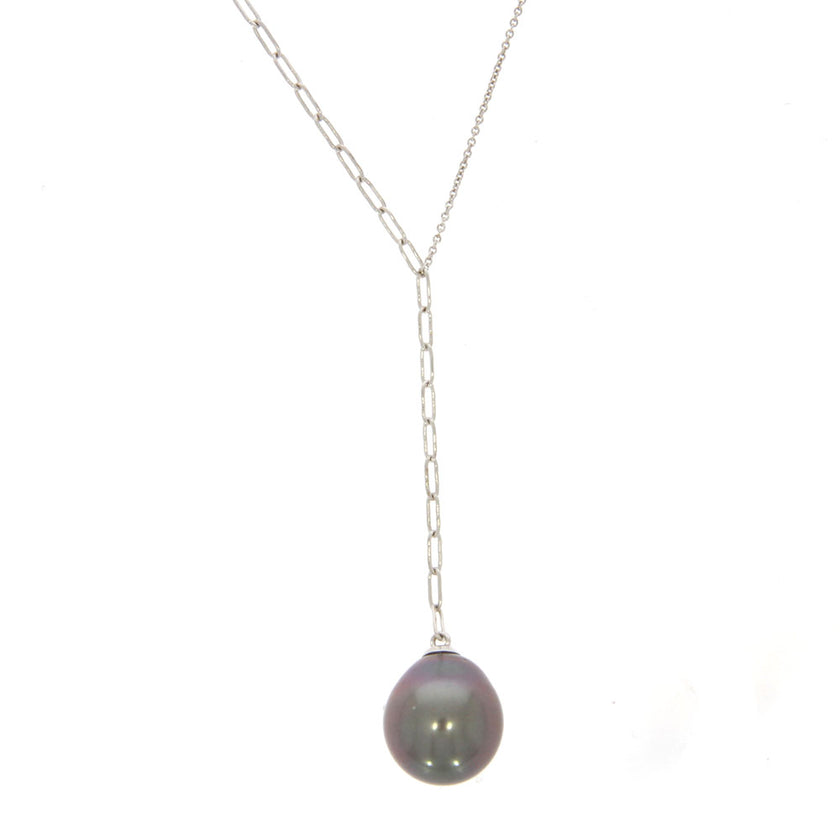 18K White Gold Paperclip and Cable Chain Necklace, with Tahitian Pearl Dangle