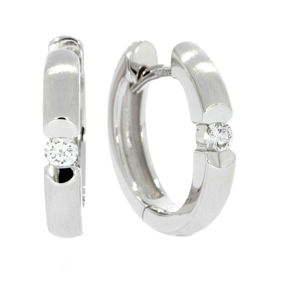14K White Gold Huggie Earrings with Channel Set Diamond Accents, with Satin Finish