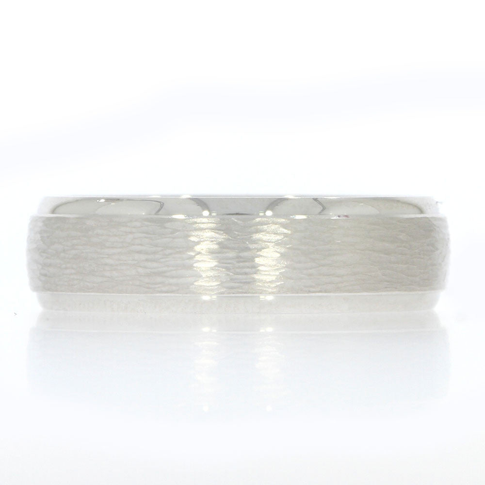 14K White Gold 6.5mm Men's Wedding Band, with Woodgrain Textured Center and Polished Beveled Edges