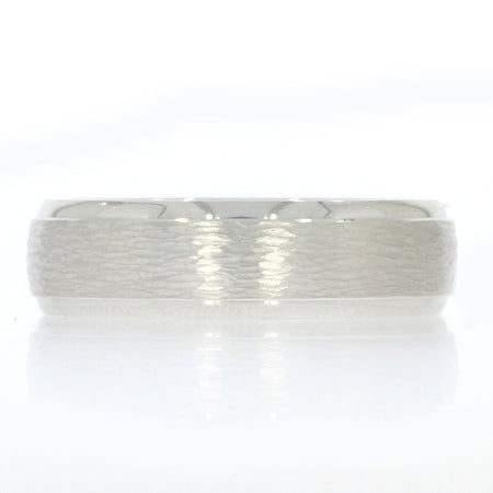 14K White Gold 6.5mm Men's Wedding Band, with Woodgrain Textured Center and Polished Beveled Edges