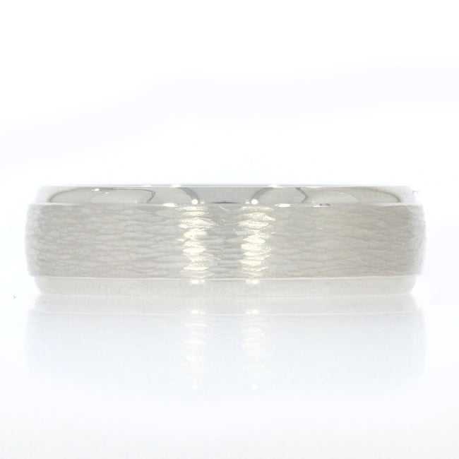 14K White Gold 6.5mm Wedding Band, with Woodgrain Textured Center and Polished Beveled Edges
