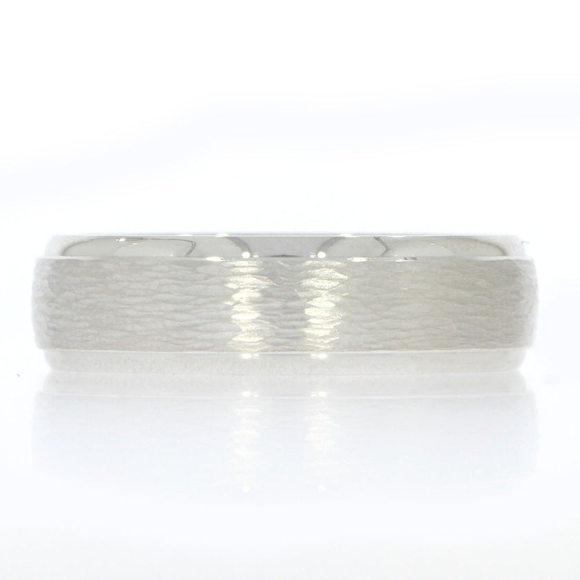 14K White Gold 6.5mm Men's Wedding Band, with Woodgrain Textured Center and Polished Beveled Edges