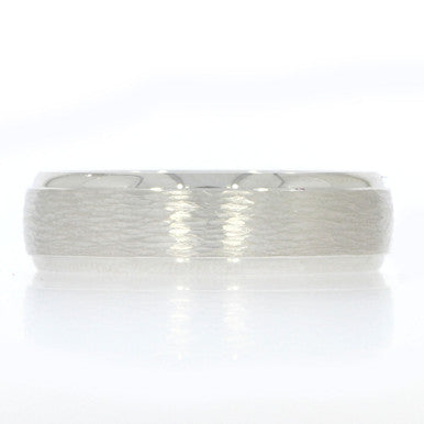 14K White Gold 6.5mm Wedding Band, with Woodgrain Textured Center and Polished Beveled Edges