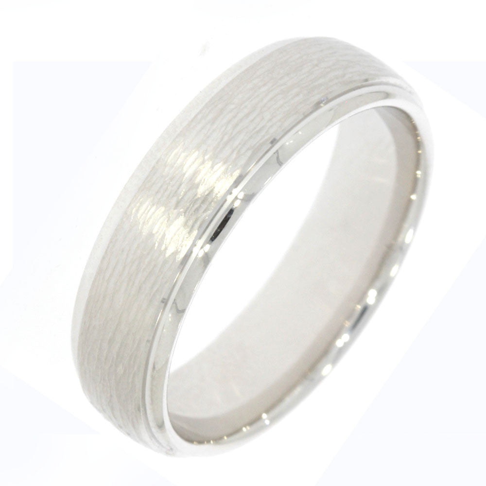 14K White Gold 6.5mm Men's Wedding Band, with Woodgrain Textured Center and Polished Beveled Edges