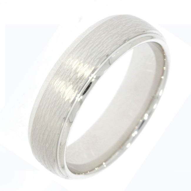 14K White Gold 6.5mm Wedding Band, with Woodgrain Textured Center and Polished Beveled Edges