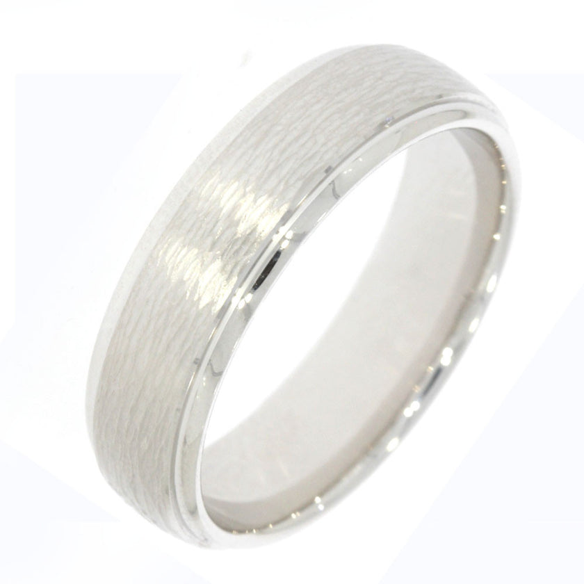 14K White Gold 6.5mm Men's Wedding Band, with Woodgrain Textured Center and Polished Beveled Edges