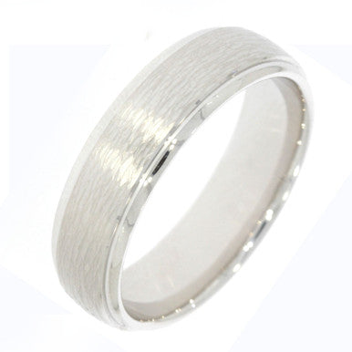 14K White Gold 6.5mm Wedding Band, with Woodgrain Textured Center and Polished Beveled Edges