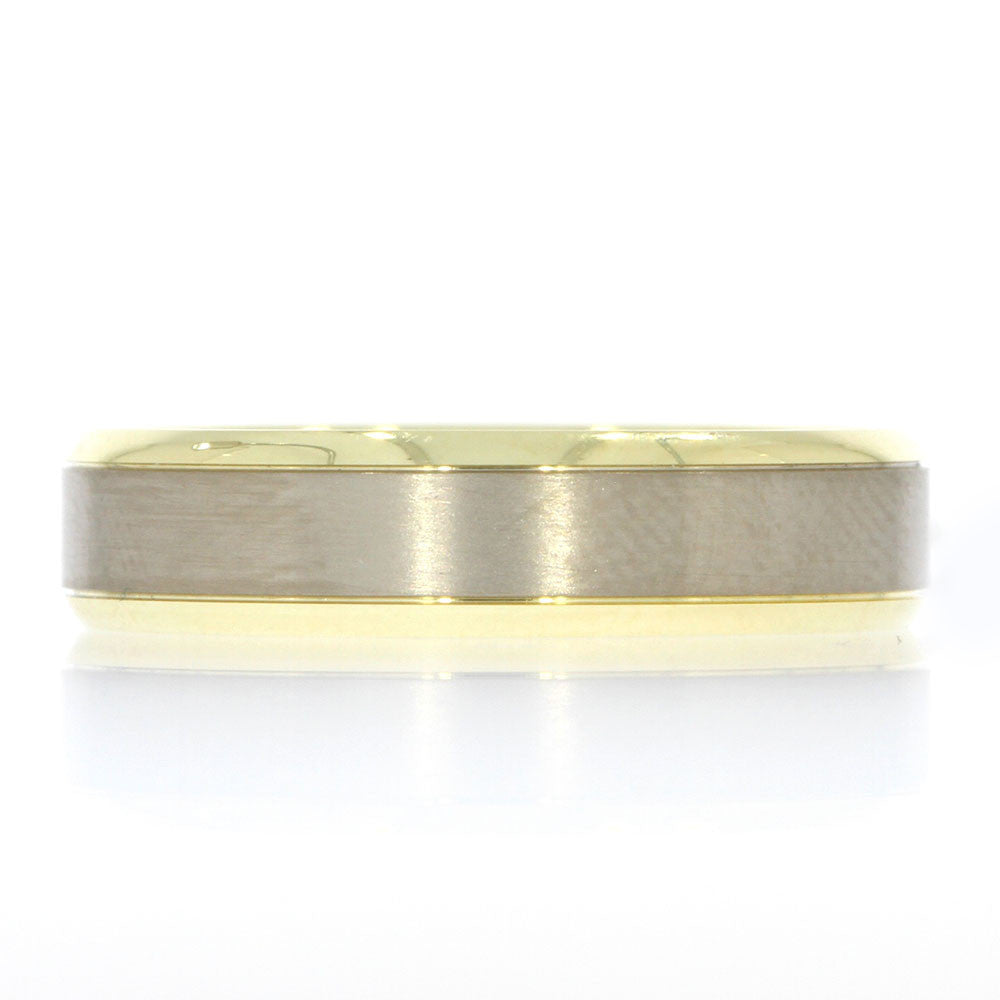 14K Two Tone Men's Wedding Band, with Satin Finished 14K White Gold Center Stripe and Polished 14K Yellow Gold Edges