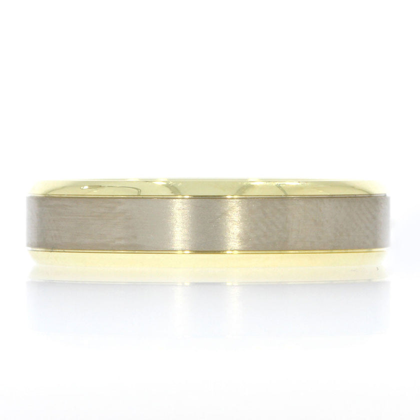 14K Two Tone Men's Wedding Band, with Satin Finished 14K White Gold Center Stripe and Polished 14K Yellow Gold Edges