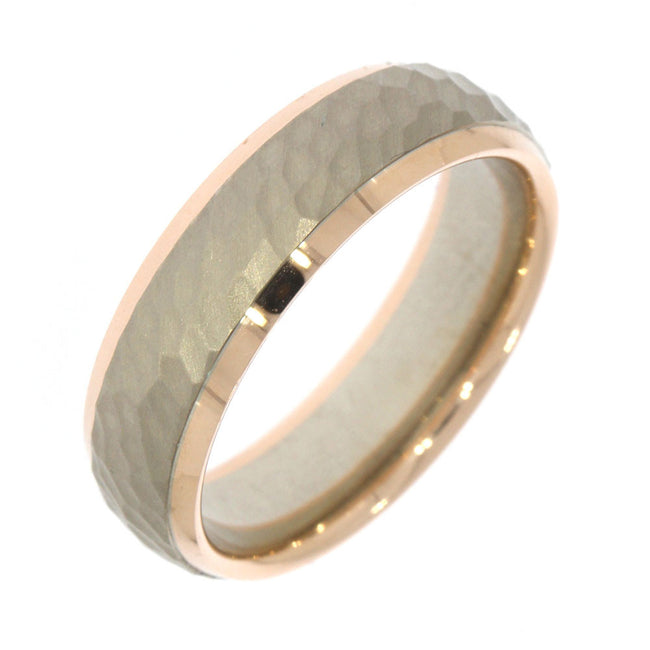 14K White Gold 6mm Wedding Band with Hammer Satin Finish Center And Polished 14K Red Gold Edges Size 57 (German)
