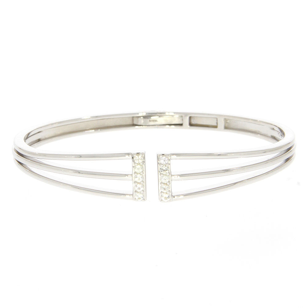 Sterling Silver and Prong Set White Sapphire Accented Hinged Bangle Bracelet