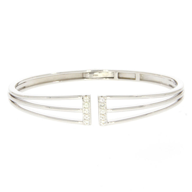 Sterling Silver and Prong Set White Sapphire Accented Hinged Bangle Bracelet