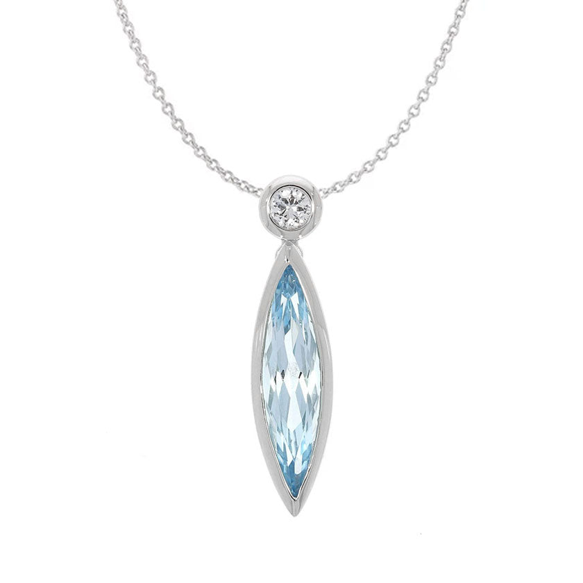 Sterling Silver Bezel Set Marquise Blue Topaz Pendant, with White Sapphire Accented Bail