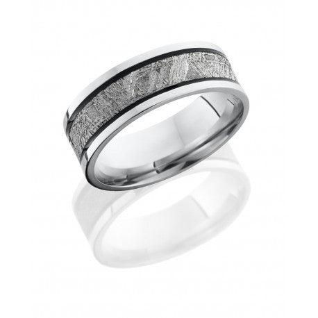 Cobalt Chrome 7.5mm Wedding Ring with Meteorite Inlay Center and Two Antiqued Grooves
