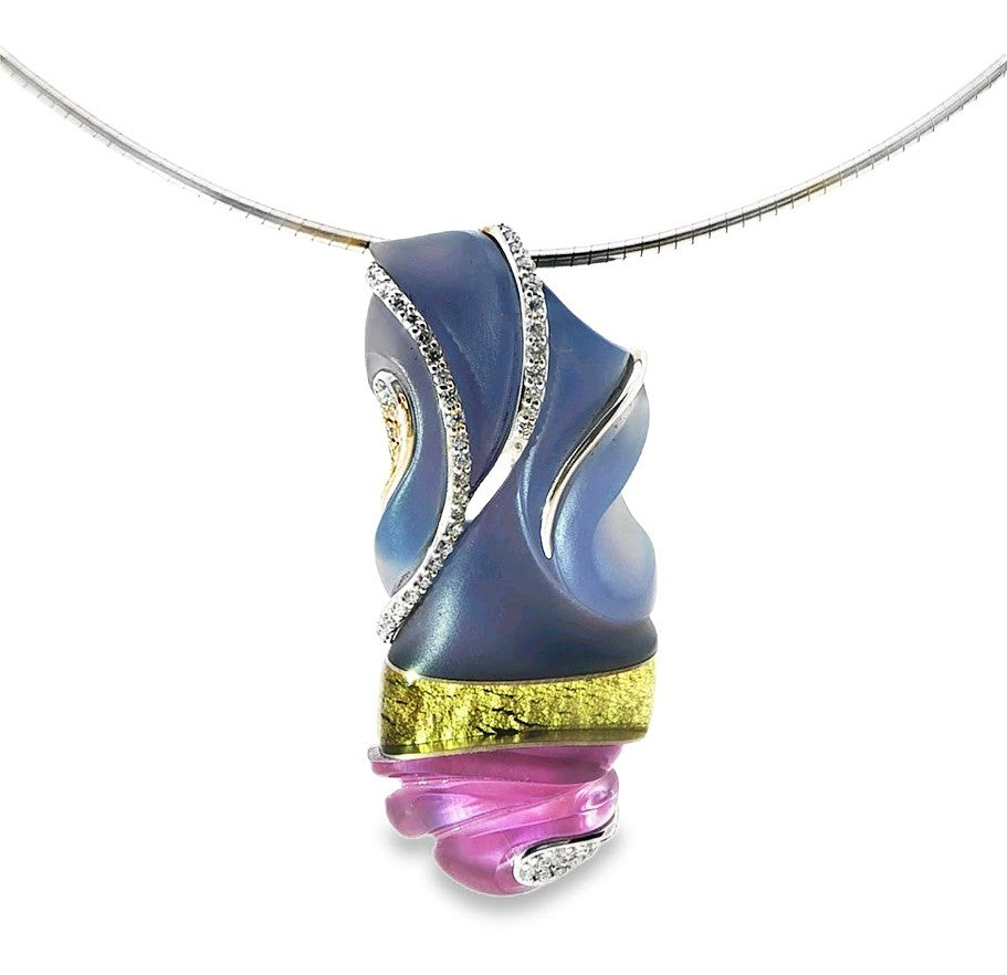 14 Karat White Gold Pendant With Round Diamond Accents And Wires Surrounding a 18K Gold Leaf, Amethyst, and Chalcedony