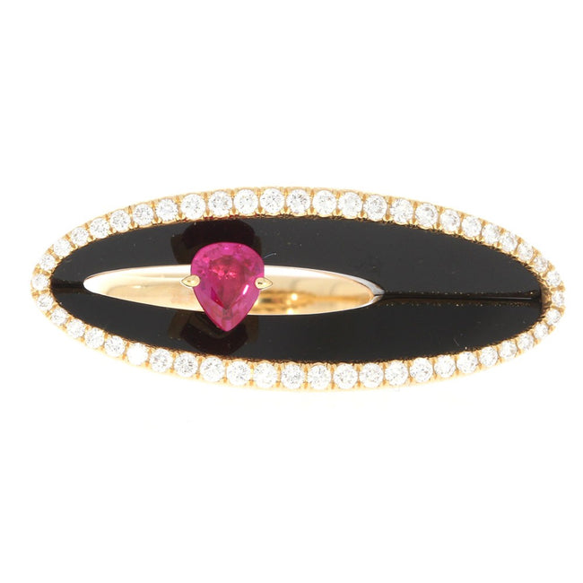 18K Rose Gold Pear Shape Ruby, and Black Onyx Concave Elongated East West Oval Ring